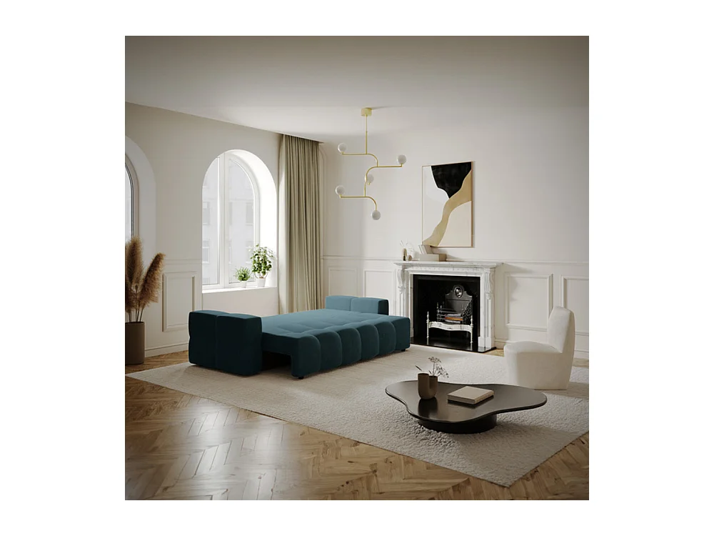 Canapé 4 places convertible coffre noyer velours bleu paon GABRIEL