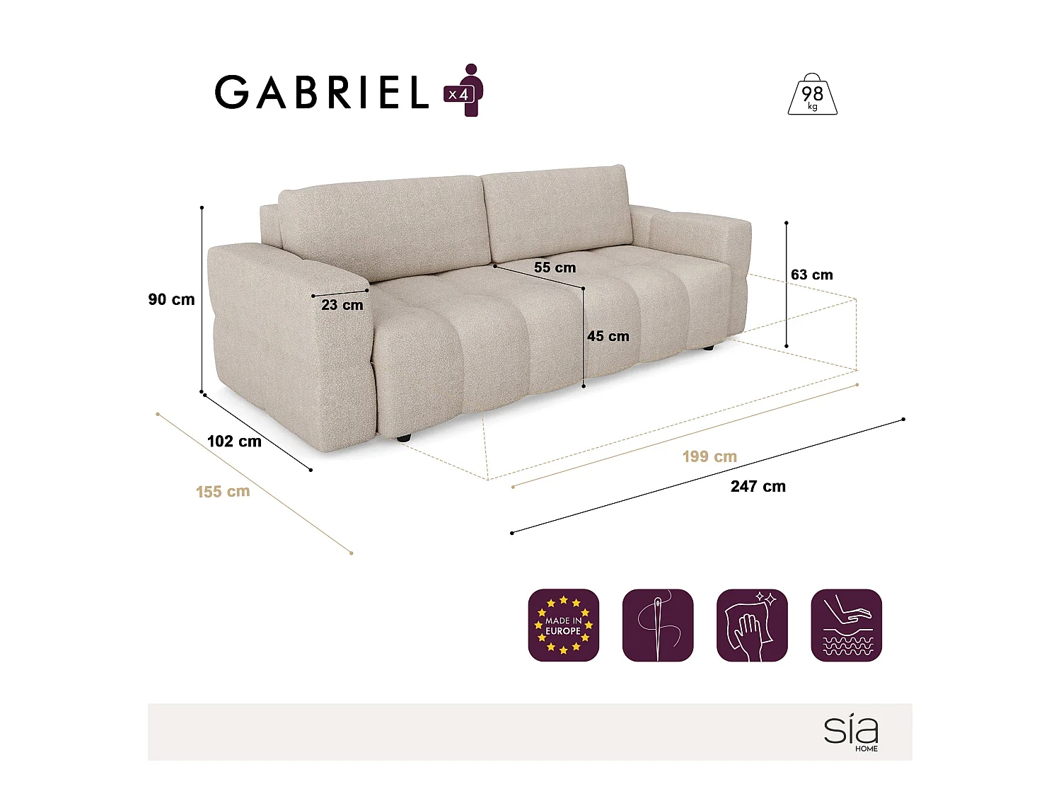 Canapé 4 places convertible coffre noyer velours bleu paon GABRIEL