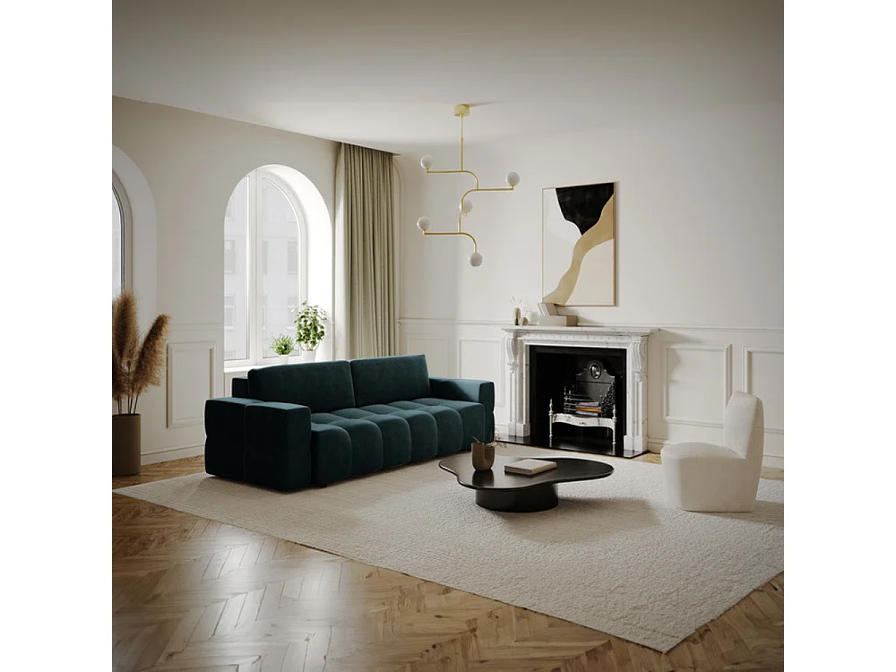 Canapé 4 places convertible coffre noyer velours bleu paon GABRIEL