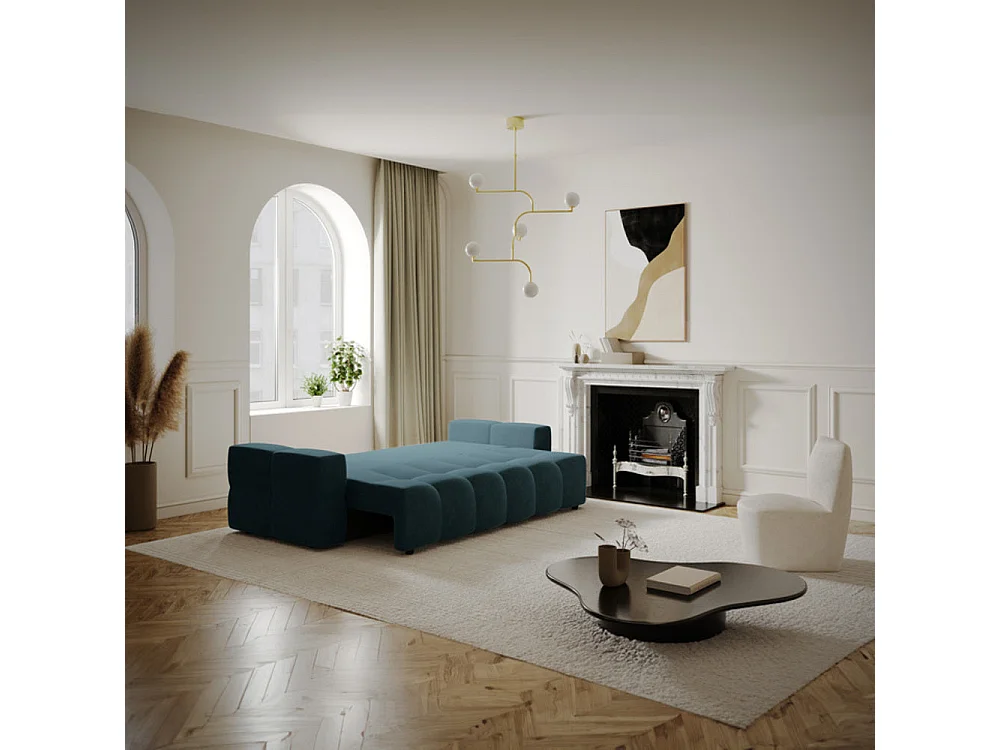 Canapé 4 places convertible coffre noyer velours bleu paon GABRIEL