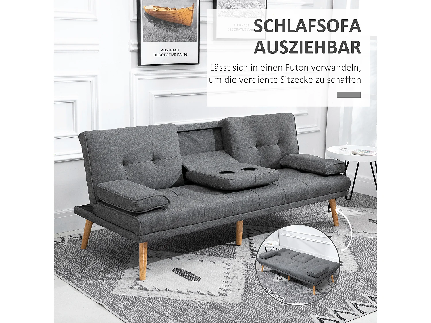 Canapé 3 places gris - Canapé avec table pliante et porte-gobelet - dossier réglable