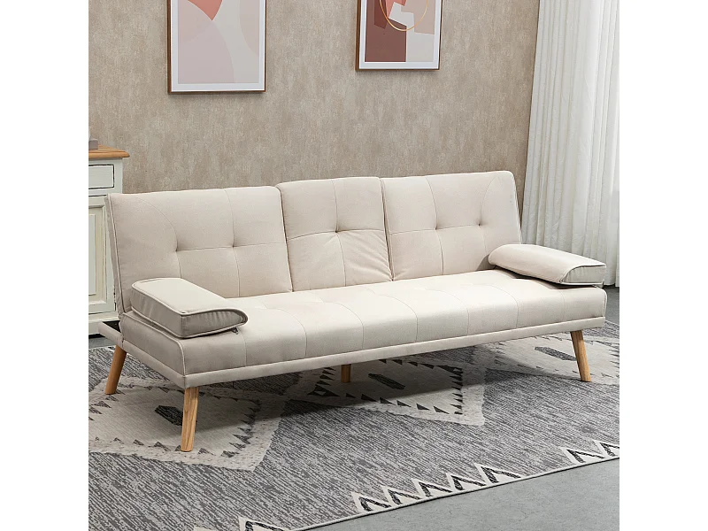 Sofá bege de 3 lugares - Sofá com mesa rebatível e suporte para copos - encosto ajustável