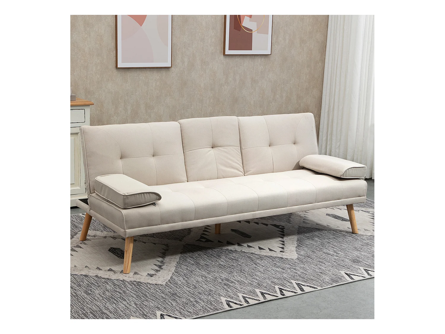 Canapé 3 places beige - Canapé avec table pliante et porte-gobelet - dossier réglable