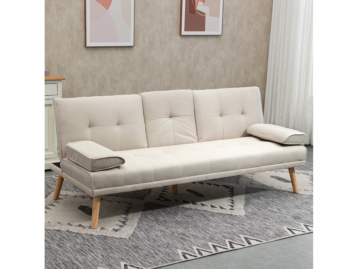 Divano 3 posti beige - Divano con tavolo pieghevole e portabicchieri - schienale regolabile