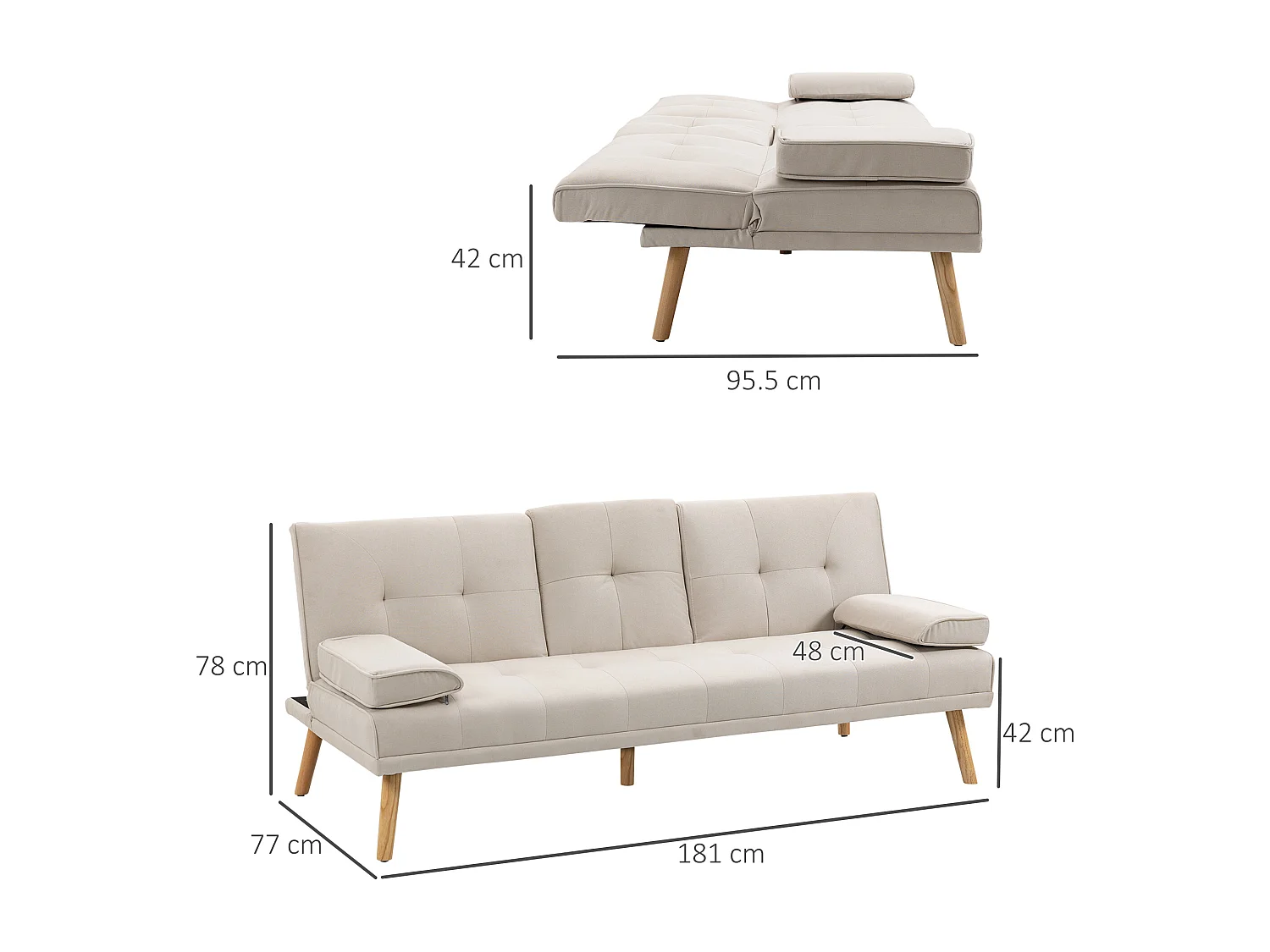 Divano 3 posti beige - Divano con tavolo pieghevole e portabicchieri - schienale regolabile