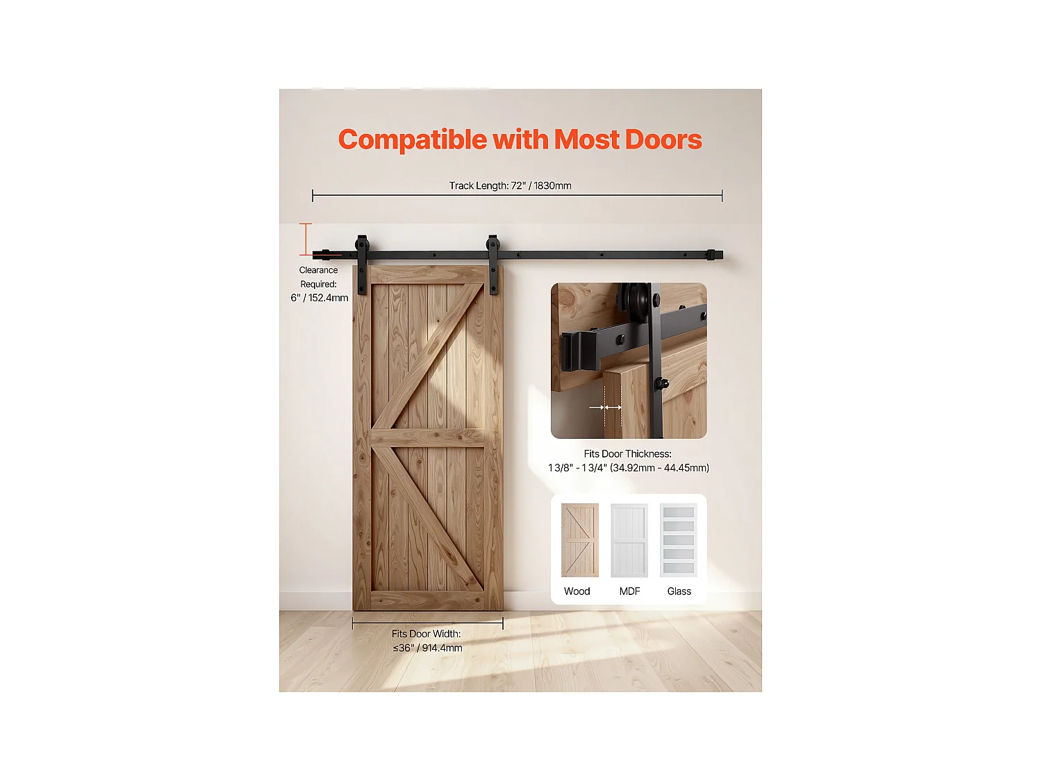 Porta Scorrevole SucceBuy Kit Ferramenta per Porta Scorrevole Singola da 183 cm, Nera