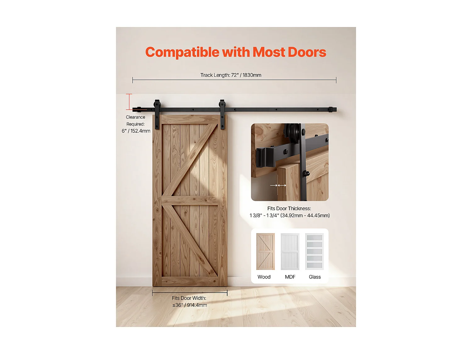 Porte Coulissante SucceBuy Kit de Quincaillerie pour Porte Coulissante de Grange, 183 cm, Noir