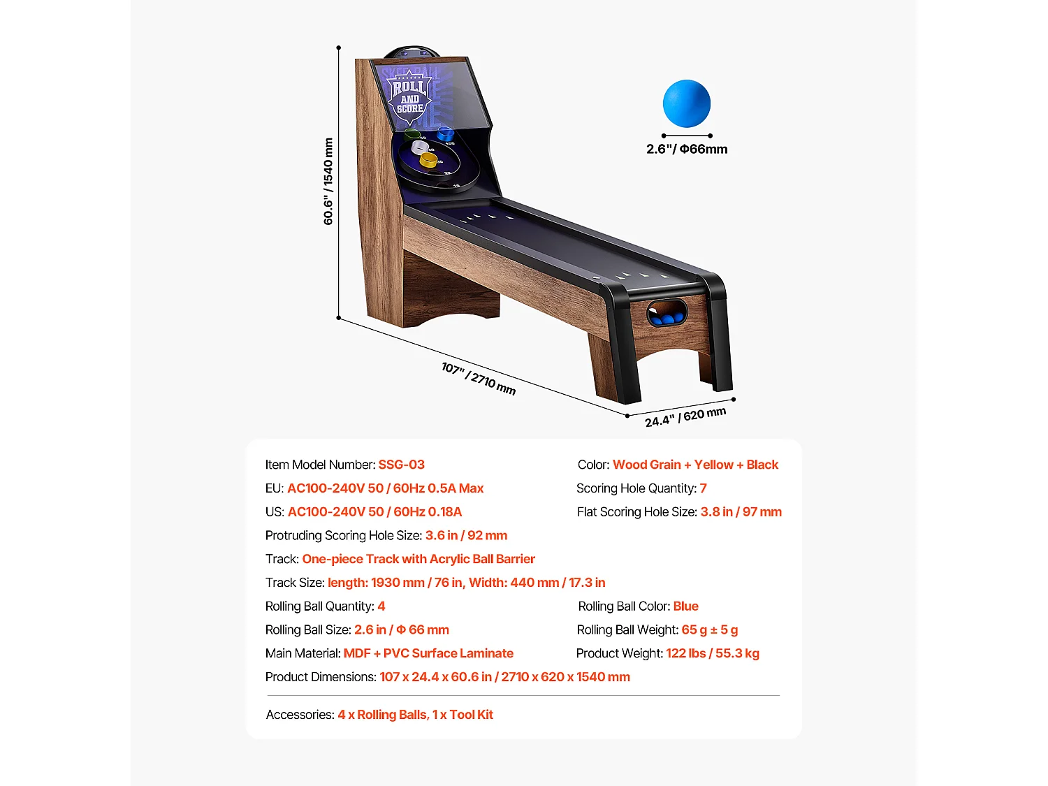 Skeeball Machine SucceBuy 274cm Roll & Score Arcade Speltafel Elektronische Scorer 4 Ballen Speelhal