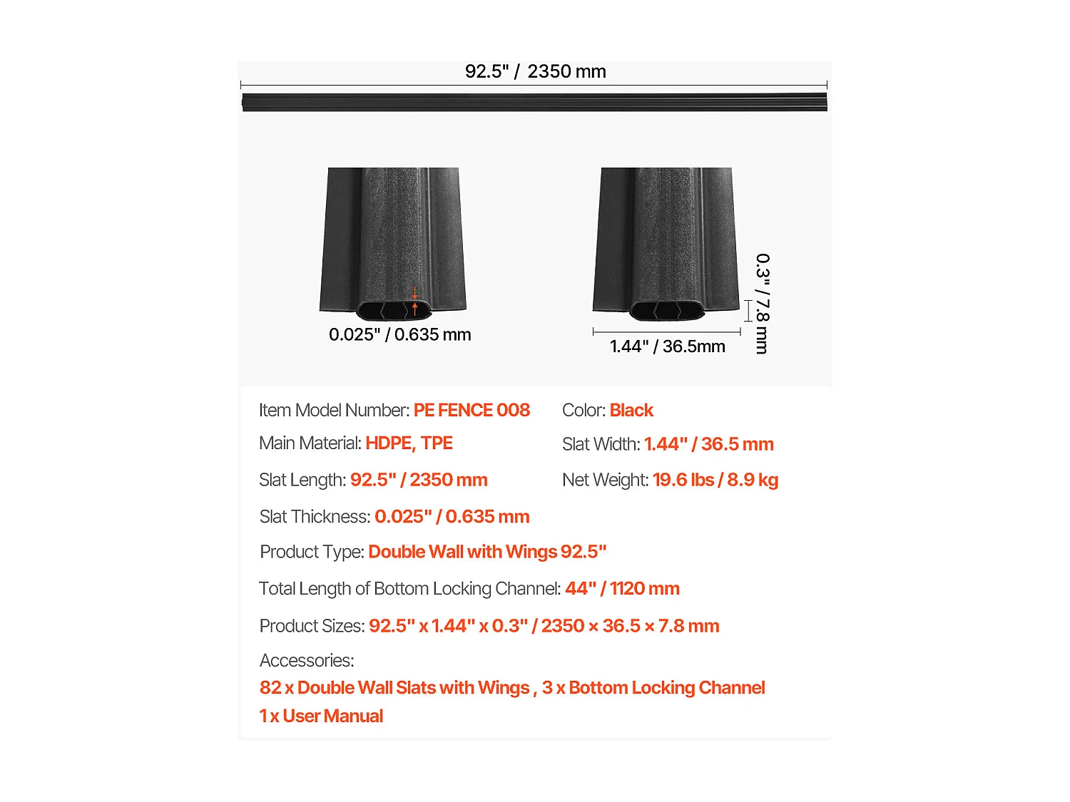 Clôture à Mailles SucceBuy Kit d'Intimité à Double Paroi avec Ailettes pour Clôture à Mailles Losangées de 2,4 m de Haut, Noires