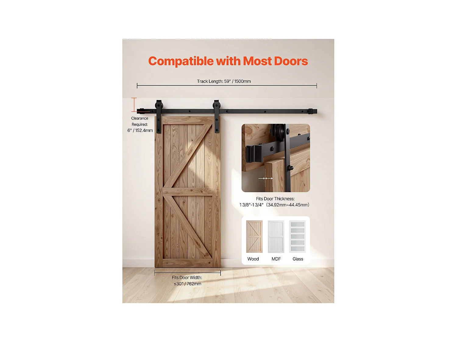 Schuifdeur SucceBuy 152 cm Schuifdeurbeslagset, Geschikt voor Deuren tot 76 cm Breed en 3.5 cm tot 4.5 cm Dik, Zwarte Afwerking, 1500 x 40 x 6 mm