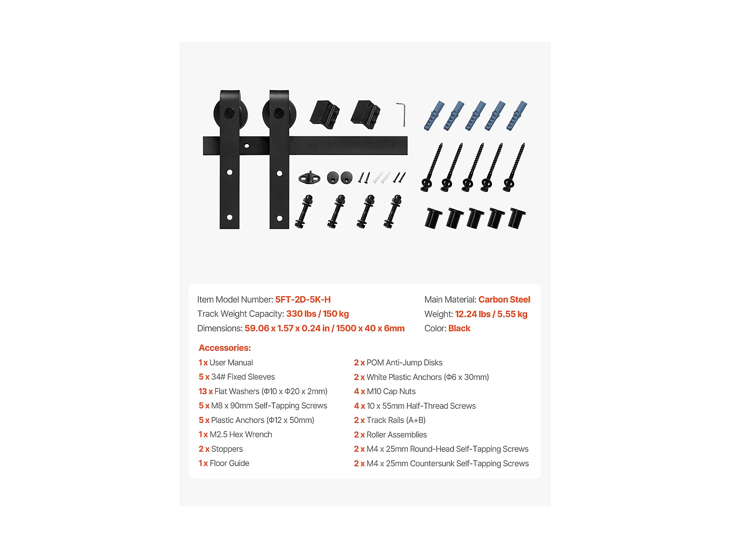 Porte Coulissante SucceBuy Kit de Quincaillerie pour Porte de Grange Coulissante Simple de 1,5 m (5 pi), Finition Noire