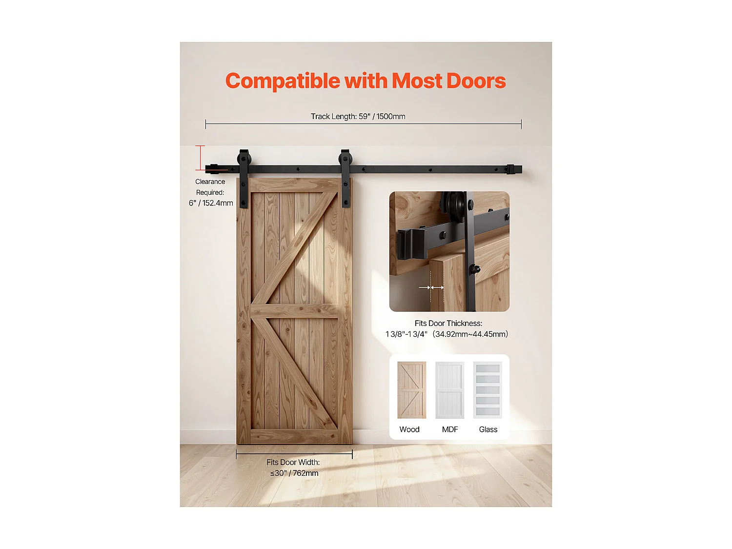 Porte Coulissante SucceBuy Kit de Quincaillerie pour Porte de Grange Coulissante Simple de 1,5 m (5 pi), Finition Noire