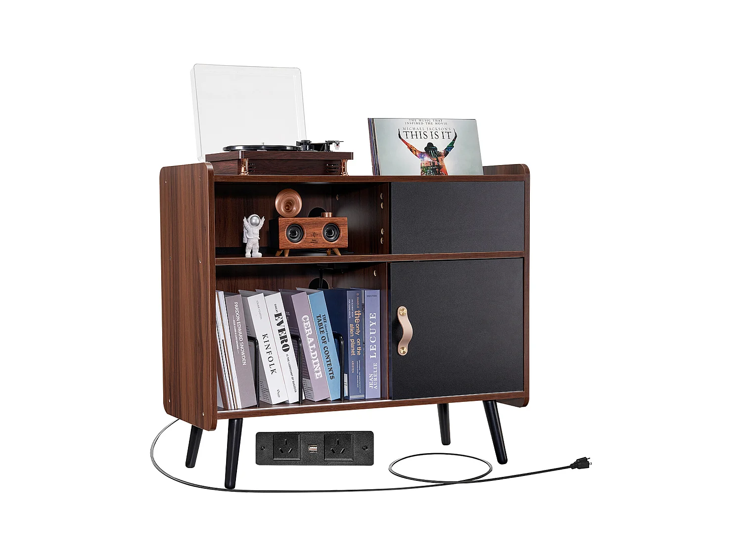 Meuble Vinyles SucceBuy Support pour Tourne-Disque avec Prise de Courant, Peut Contenir 350 Albums, Table avec Rangement pour Vinyles Vintage pour Salon