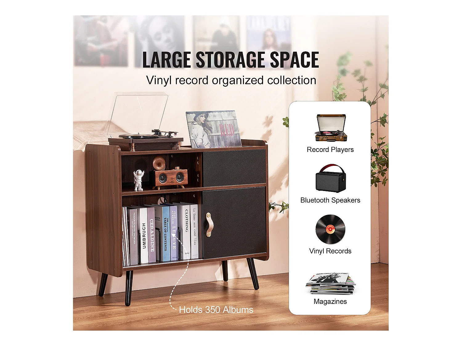 Meuble Vinyles SucceBuy Support pour Tourne-Disque avec Prise de Courant, Peut Contenir 350 Albums, Table avec Rangement pour Vinyles Vintage pour Salon