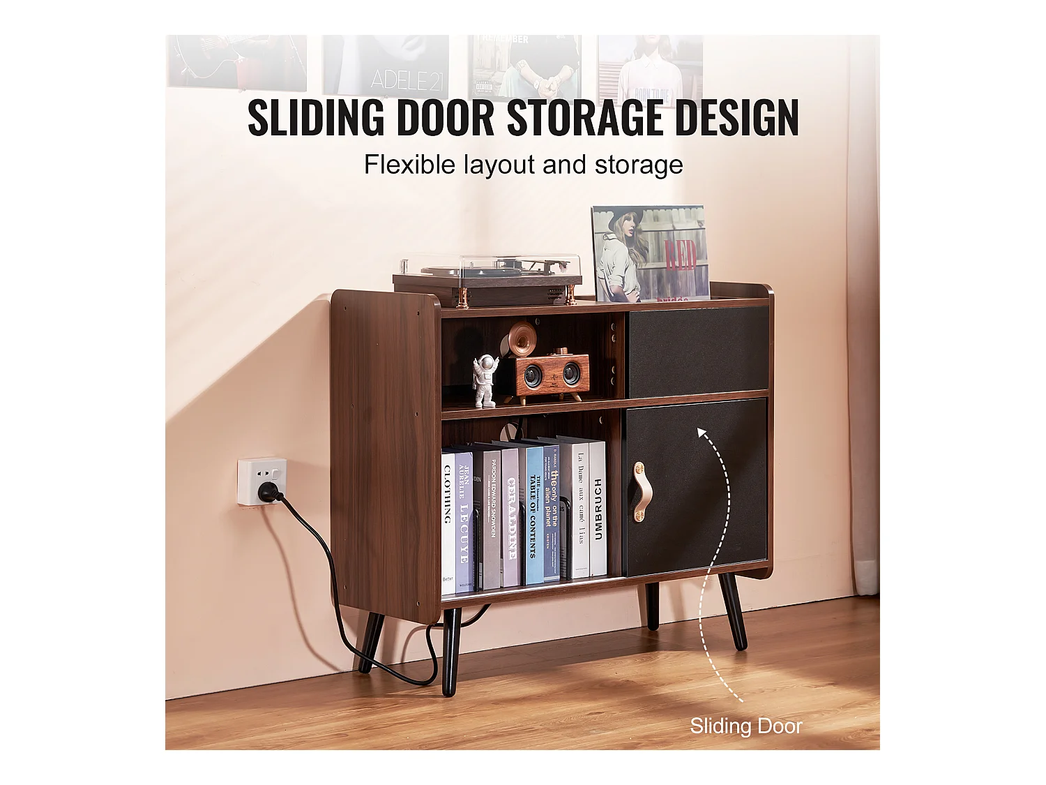 Meuble Vinyles SucceBuy Support pour Tourne-Disque avec Prise de Courant, Peut Contenir 350 Albums, Table avec Rangement pour Vinyles Vintage pour Salon