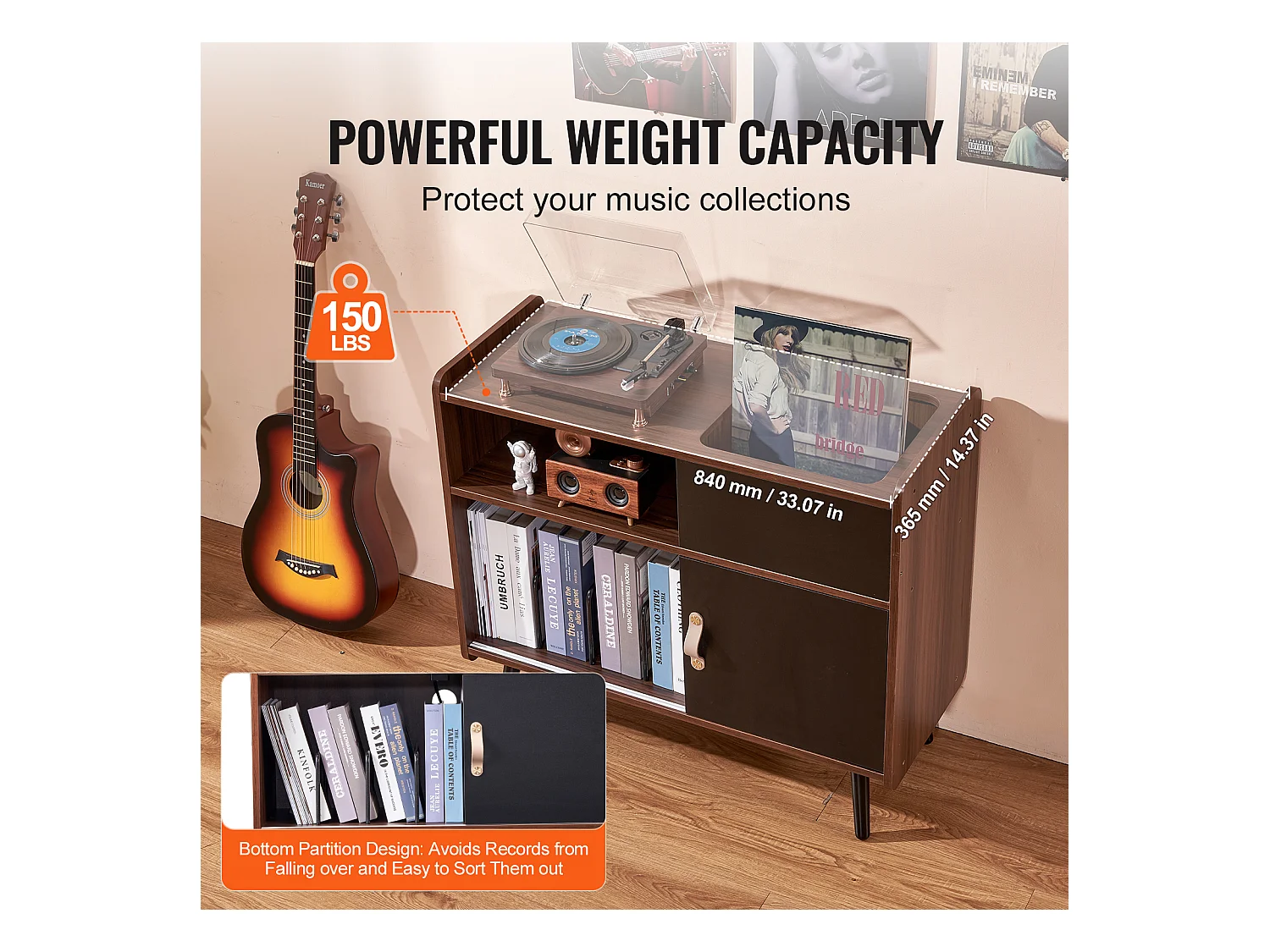 Meuble Vinyles SucceBuy Support pour Tourne-Disque avec Prise de Courant, Peut Contenir 350 Albums, Table avec Rangement pour Vinyles Vintage pour Salon