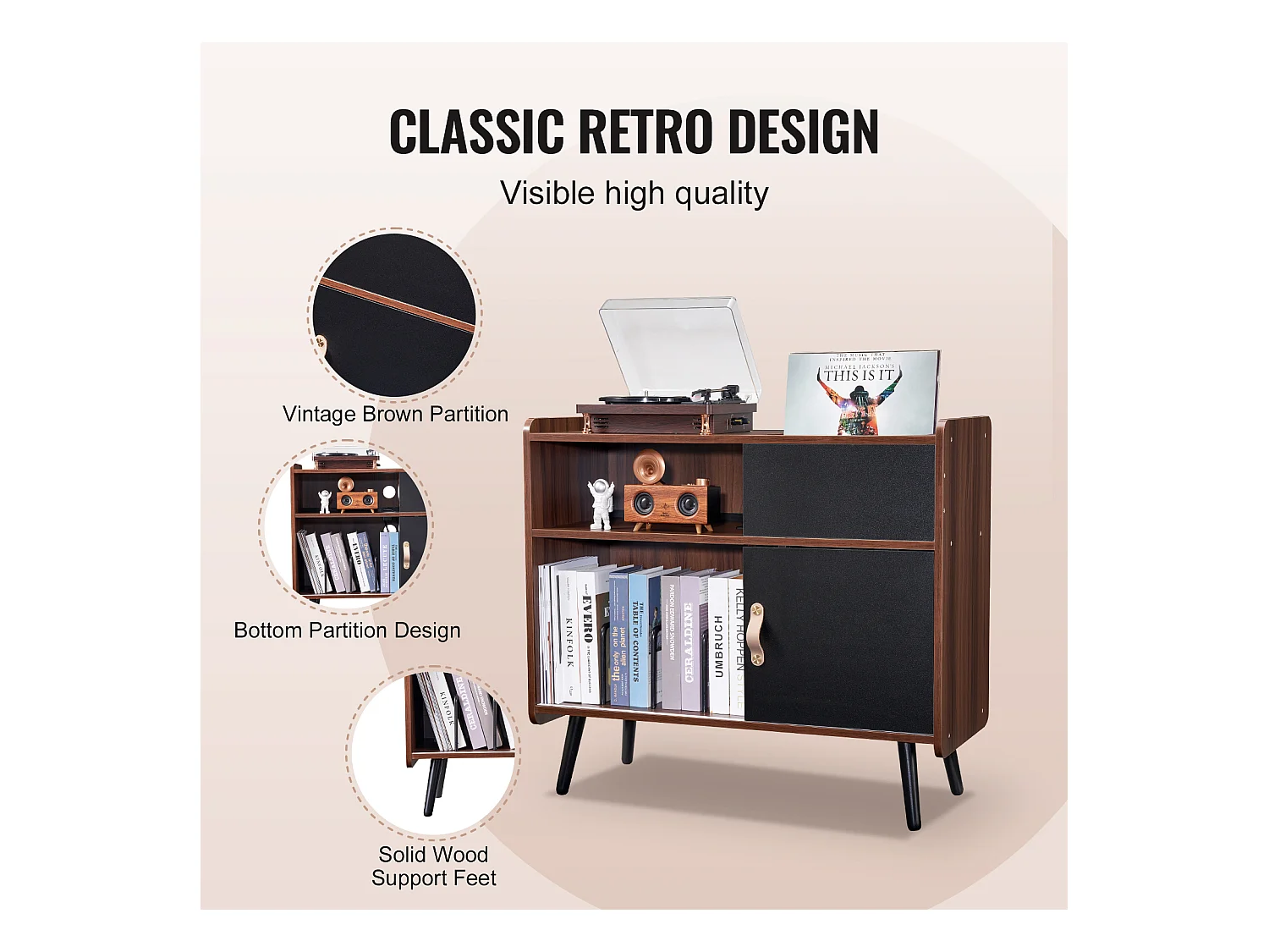 Meuble Vinyles SucceBuy Support pour Tourne-Disque avec Prise de Courant, Peut Contenir 350 Albums, Table avec Rangement pour Vinyles Vintage pour Salon