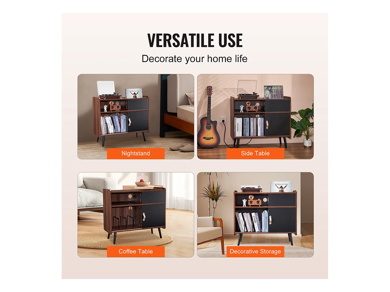 Meuble Vinyles SucceBuy Support pour Tourne-Disque avec Prise de Courant, Peut Contenir 350 Albums, Table avec Rangement pour Vinyles Vintage pour Salon