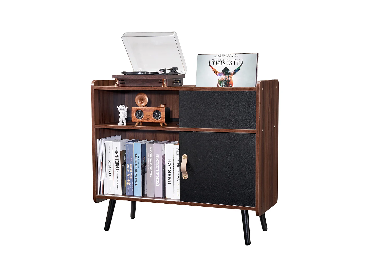 Meuble Vinyles SucceBuy Support pour Tourne-Disque avec Prise de Courant, Peut Contenir 350 Albums, Table avec Rangement pour Vinyles Vintage pour Salon