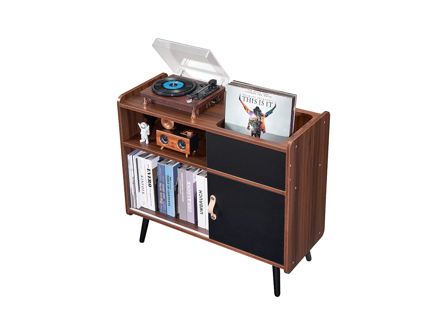 Meuble Vinyles SucceBuy Support pour Tourne-Disque avec Prise de Courant, Peut Contenir 350 Albums, Table avec Rangement pour Vinyles Vintage pour Salon