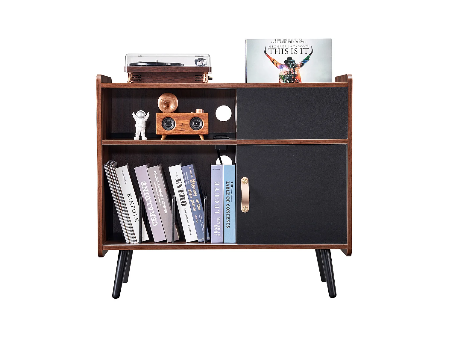 Meuble Vinyles SucceBuy Support pour Tourne-Disque avec Prise de Courant, Peut Contenir 350 Albums, Table avec Rangement pour Vinyles Vintage pour Salon