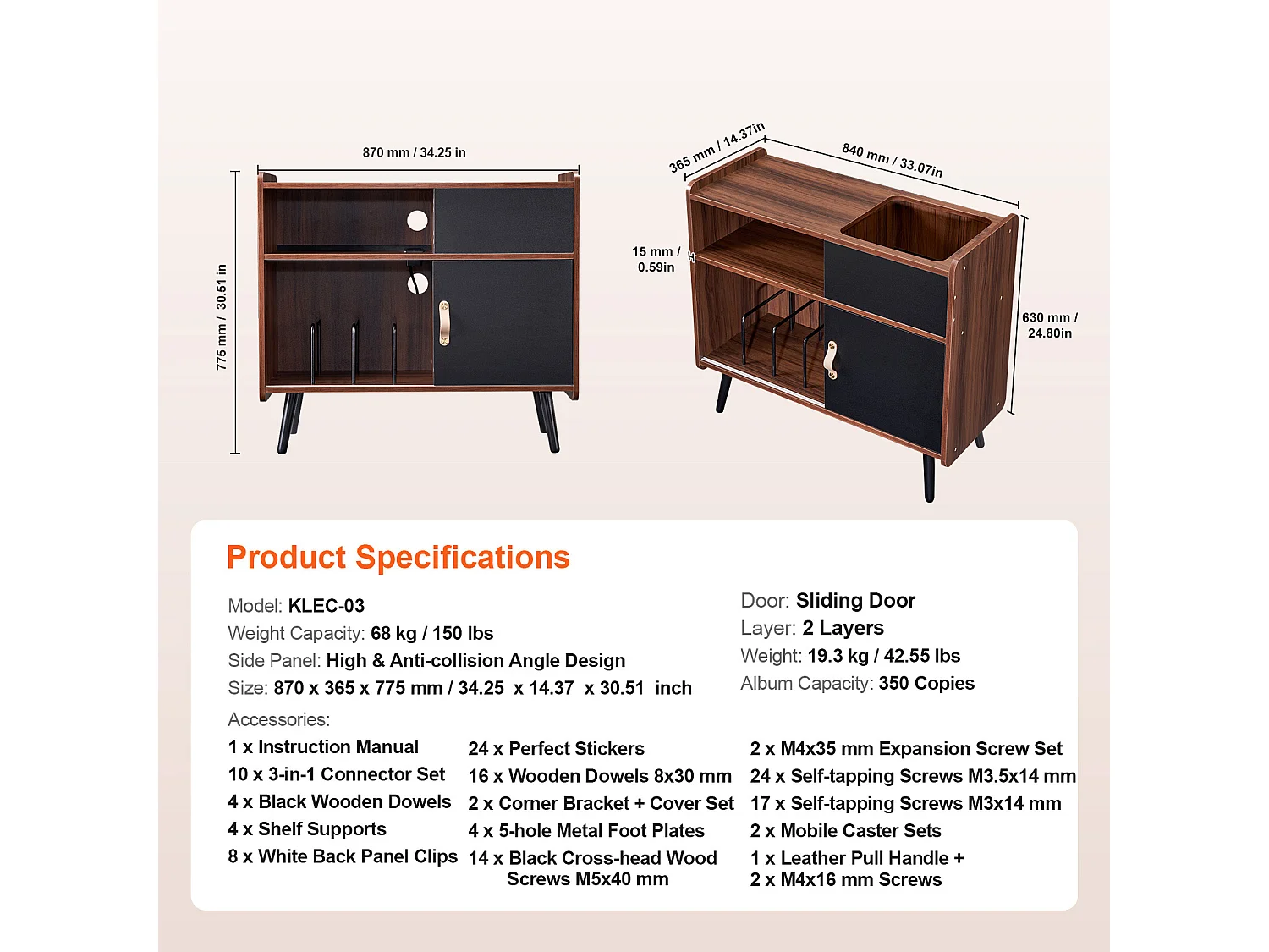 Meuble Vinyles SucceBuy Support pour Tourne-Disque avec Prise de Courant, Peut Contenir 350 Albums, Table avec Rangement pour Vinyles Vintage pour Salon