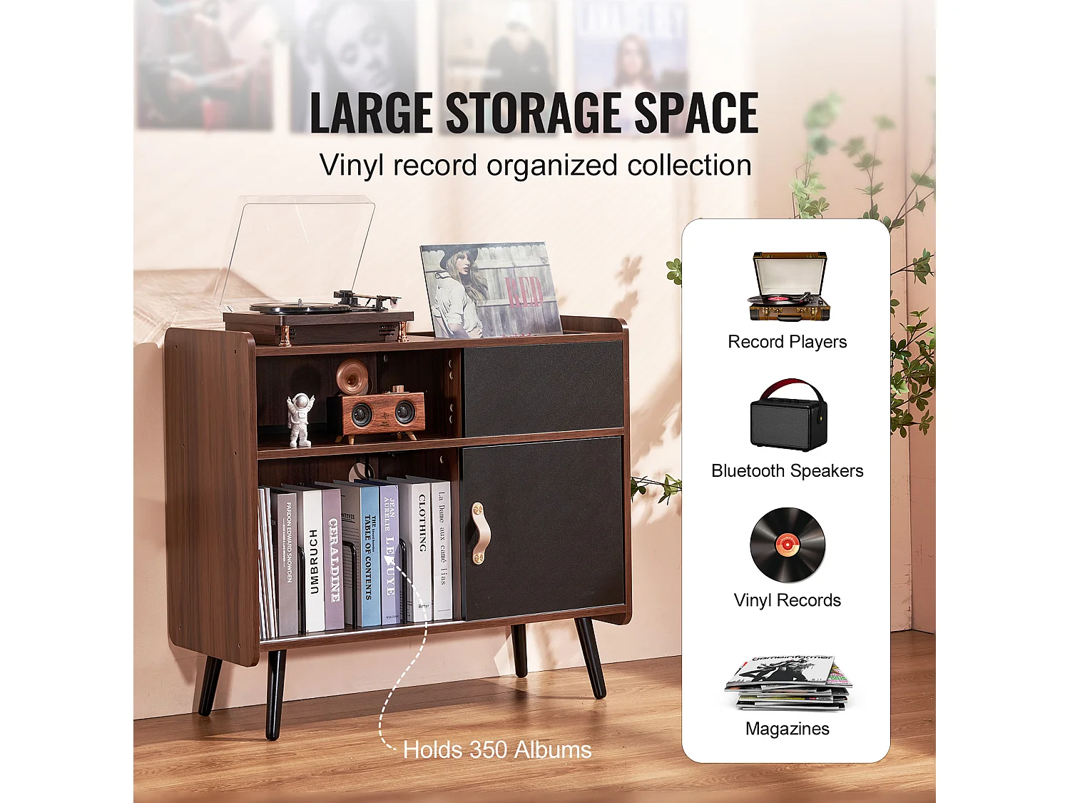 Meuble Vinyles SucceBuy Support pour Tourne-Disque avec Prise de Courant, Peut Contenir 350 Albums, Table avec Rangement pour Vinyles Vintage pour Salon