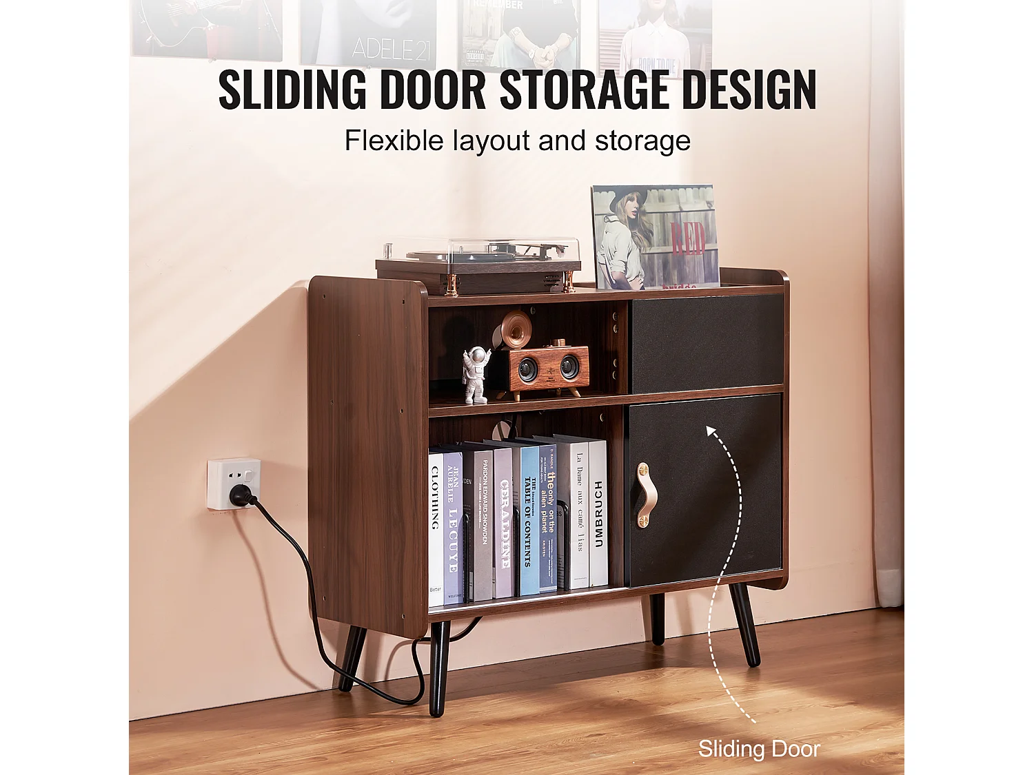 Meuble Vinyles SucceBuy Support pour Tourne-Disque avec Prise de Courant, Peut Contenir 350 Albums, Table avec Rangement pour Vinyles Vintage pour Salon