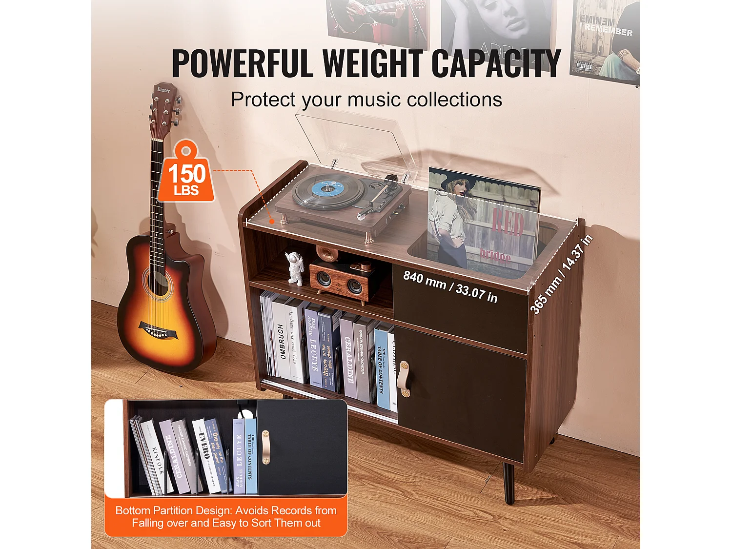Meuble Vinyles SucceBuy Support pour Tourne-Disque avec Prise de Courant, Peut Contenir 350 Albums, Table avec Rangement pour Vinyles Vintage pour Salon