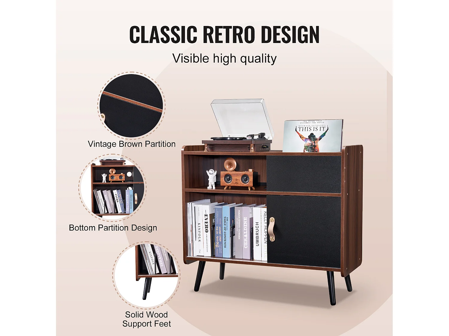 Meuble Vinyles SucceBuy Support pour Tourne-Disque avec Prise de Courant, Peut Contenir 350 Albums, Table avec Rangement pour Vinyles Vintage pour Salon