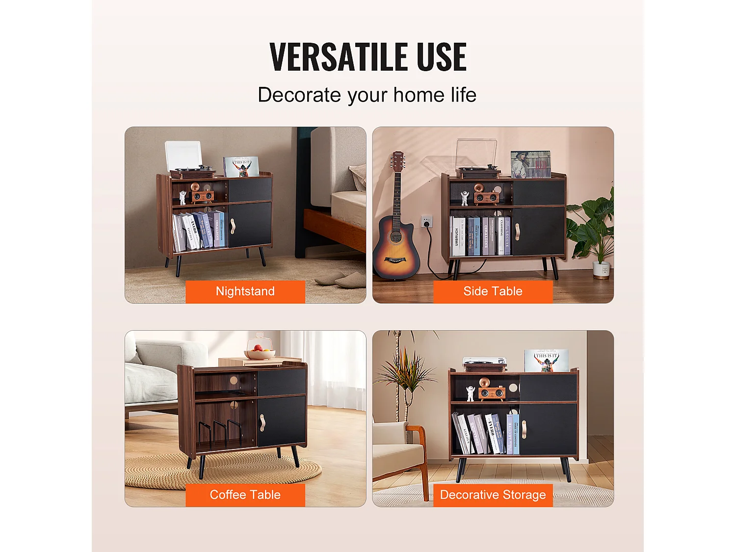 Meuble Vinyles SucceBuy Support pour Tourne-Disque avec Prise de Courant, Peut Contenir 350 Albums, Table avec Rangement pour Vinyles Vintage pour Salon