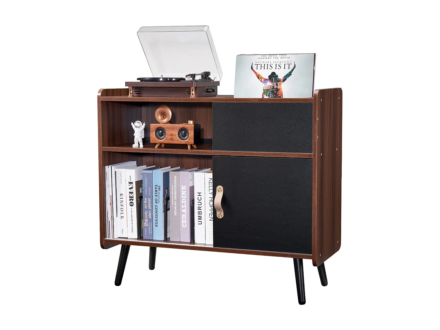 Meuble Vinyles SucceBuy Support pour Tourne-Disque avec Prise de Courant, Peut Contenir 350 Albums, Table avec Rangement pour Vinyles Vintage pour Salon