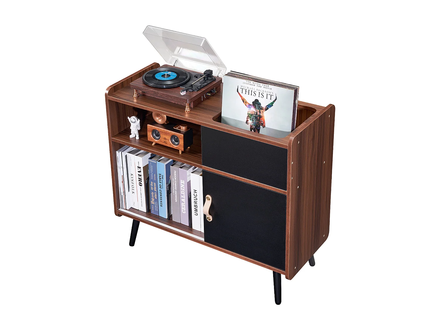 Meuble Vinyles SucceBuy Support pour Tourne-Disque avec Prise de Courant, Peut Contenir 350 Albums, Table avec Rangement pour Vinyles Vintage pour Salon