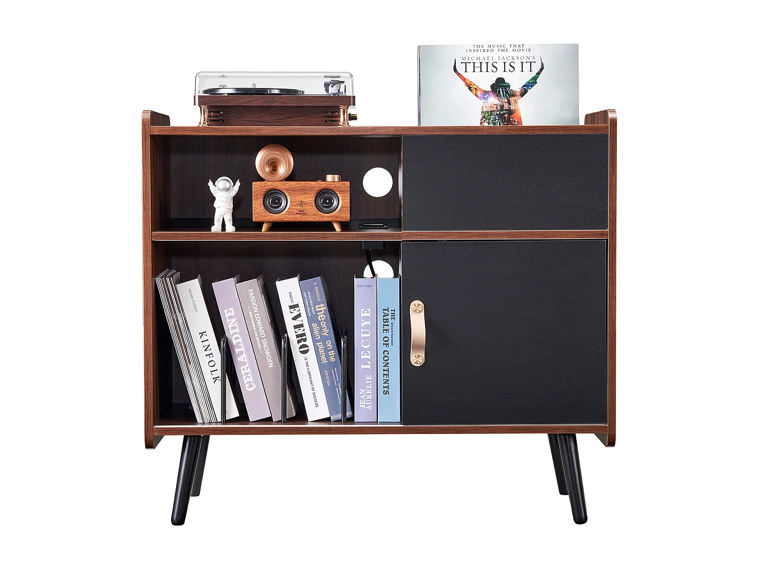 Meuble Vinyles SucceBuy Support pour Tourne-Disque avec Prise de Courant, Peut Contenir 350 Albums, Table avec Rangement pour Vinyles Vintage pour Salon