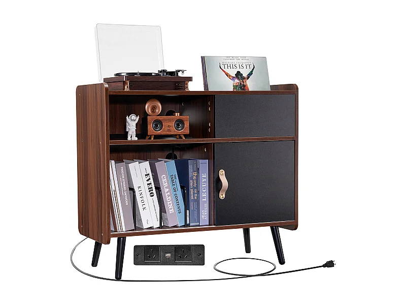 Meuble Vinyles SucceBuy Support pour Tourne-Disque avec Prise de Courant, Peut Contenir 350 Albums, Table avec Rangement pour Vinyles Vintage pour Salon