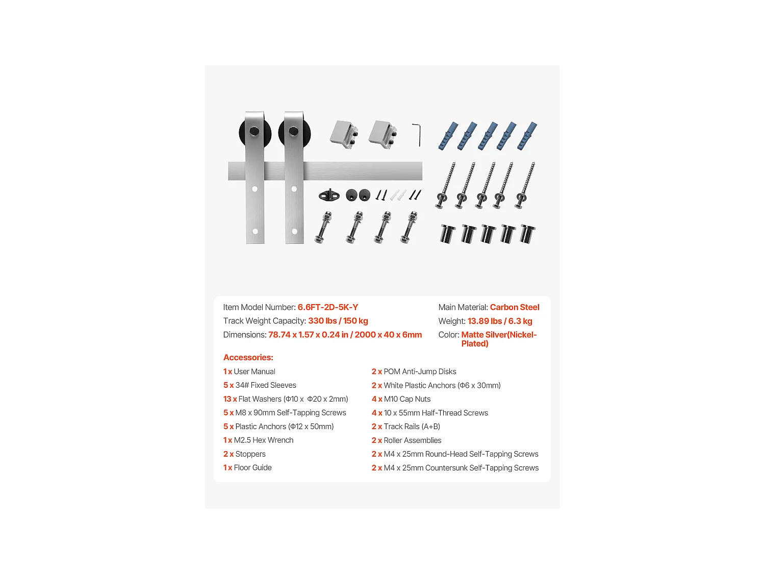 Porte Coulissante SucceBuy Kit de Quincaillerie pour Porte de Grange Coulissante Simple de 2 m, Finition Argentée