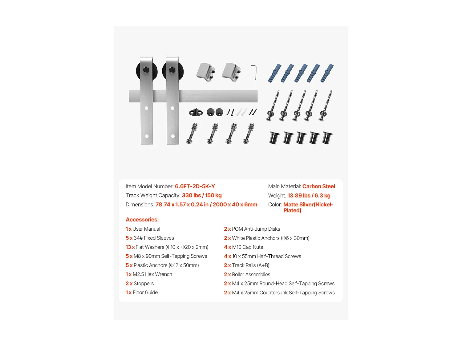 Porte Coulissante SucceBuy Kit de Quincaillerie pour Porte de Grange Coulissante Simple de 2 m, Finition Argentée