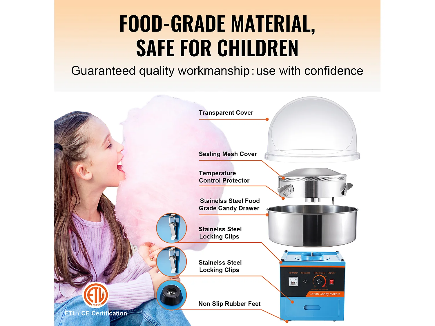 Kommerzielle Zuckerwattemaschine SucceBuy , Zuckerwattemaschine 1000 W mit Deckel, Blau