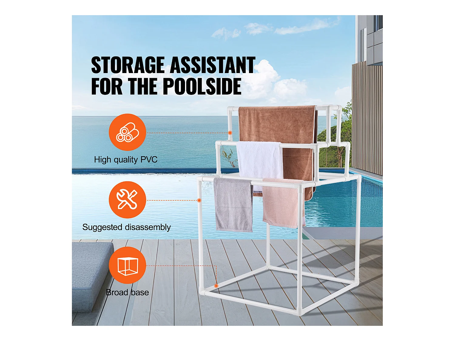 Porte-Serviettes SucceBuy, Porte-Serviettes d'Extérieur en PVC pour Piscine, 8 Barres, Spa, Salle de Bain, Blanc