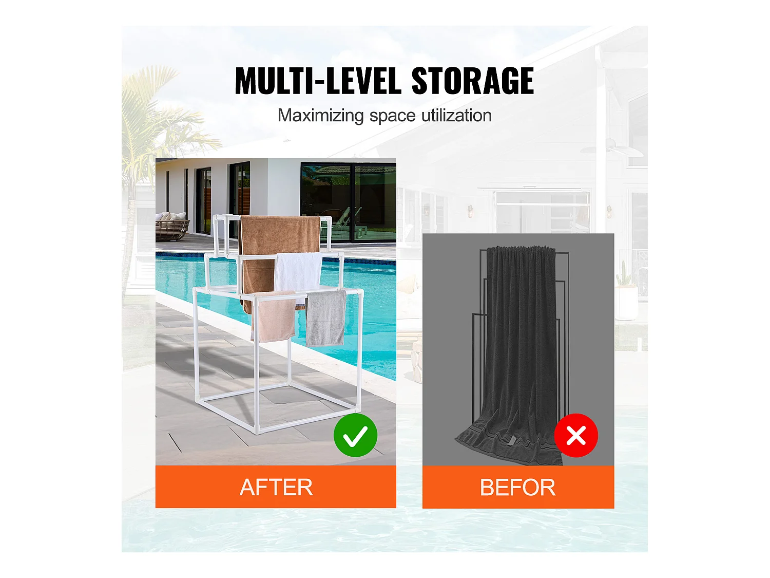 Porte-Serviettes SucceBuy, Porte-Serviettes d'Extérieur en PVC pour Piscine, 8 Barres, Spa, Salle de Bain, Blanc