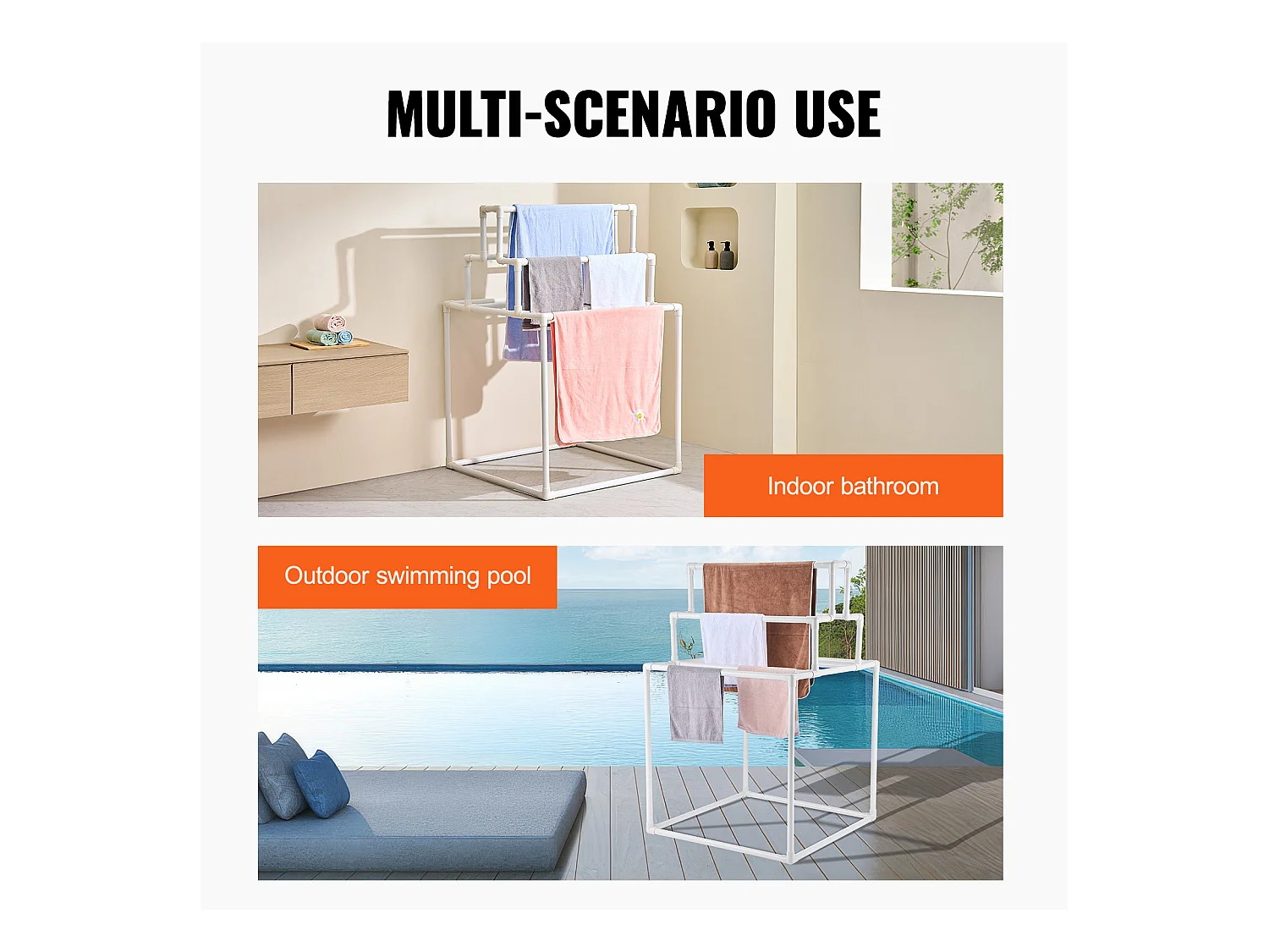 Porte-Serviettes SucceBuy, Porte-Serviettes d'Extérieur en PVC pour Piscine, 8 Barres, Spa, Salle de Bain, Blanc