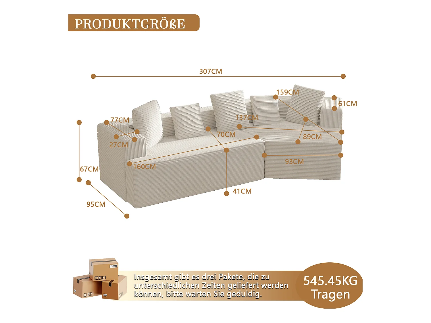 Canapé d'angle droit - Canapé avec coussins et accoudoirs - blanc - pour salon et chambre