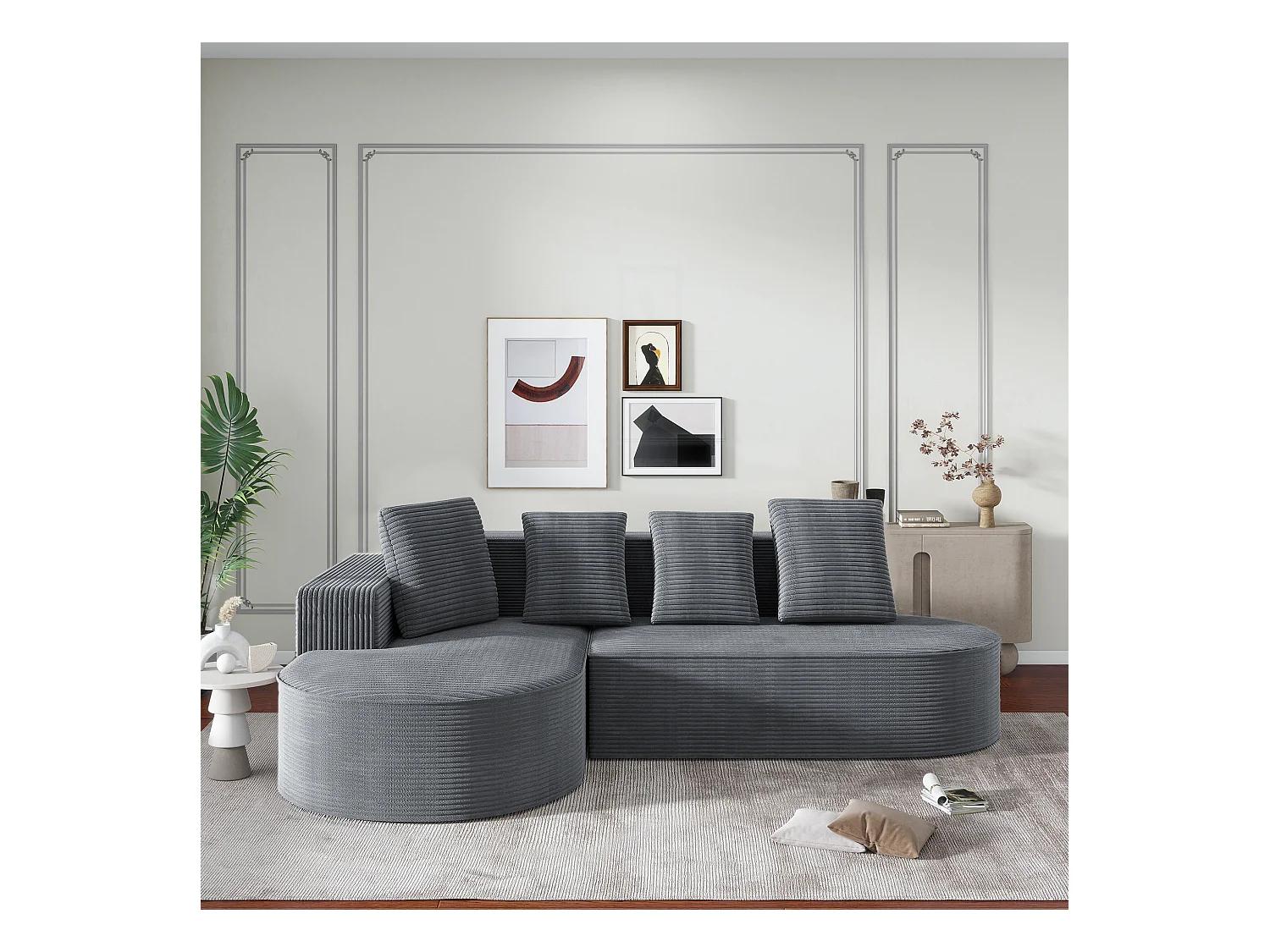 Canapé d'angle droit - Canapé avec 4 coussins - design nuage simple - velours côtelé blanc