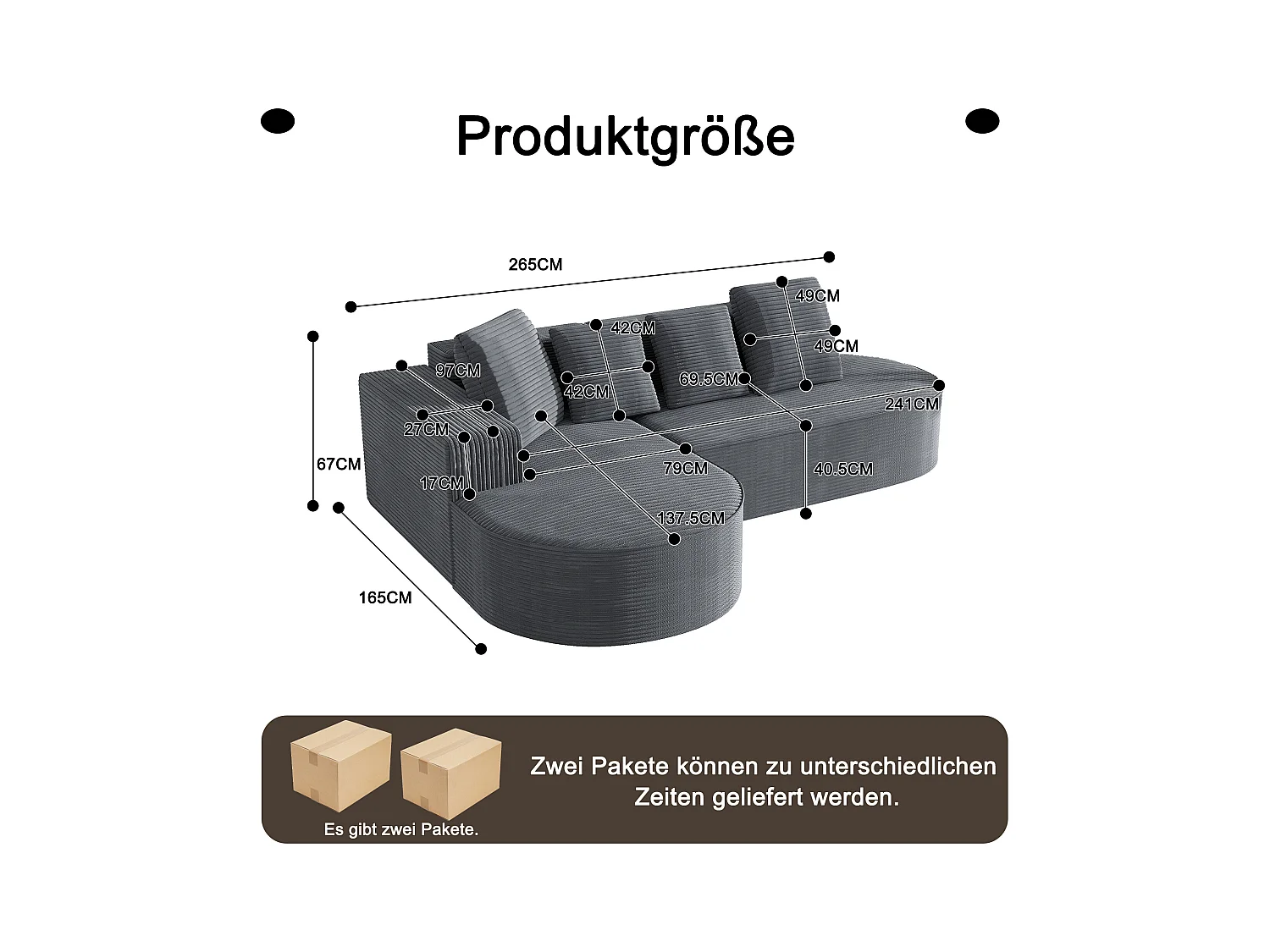 Canapé d'angle droit - Canapé avec 4 coussins - design nuage simple - velours côtelé blanc