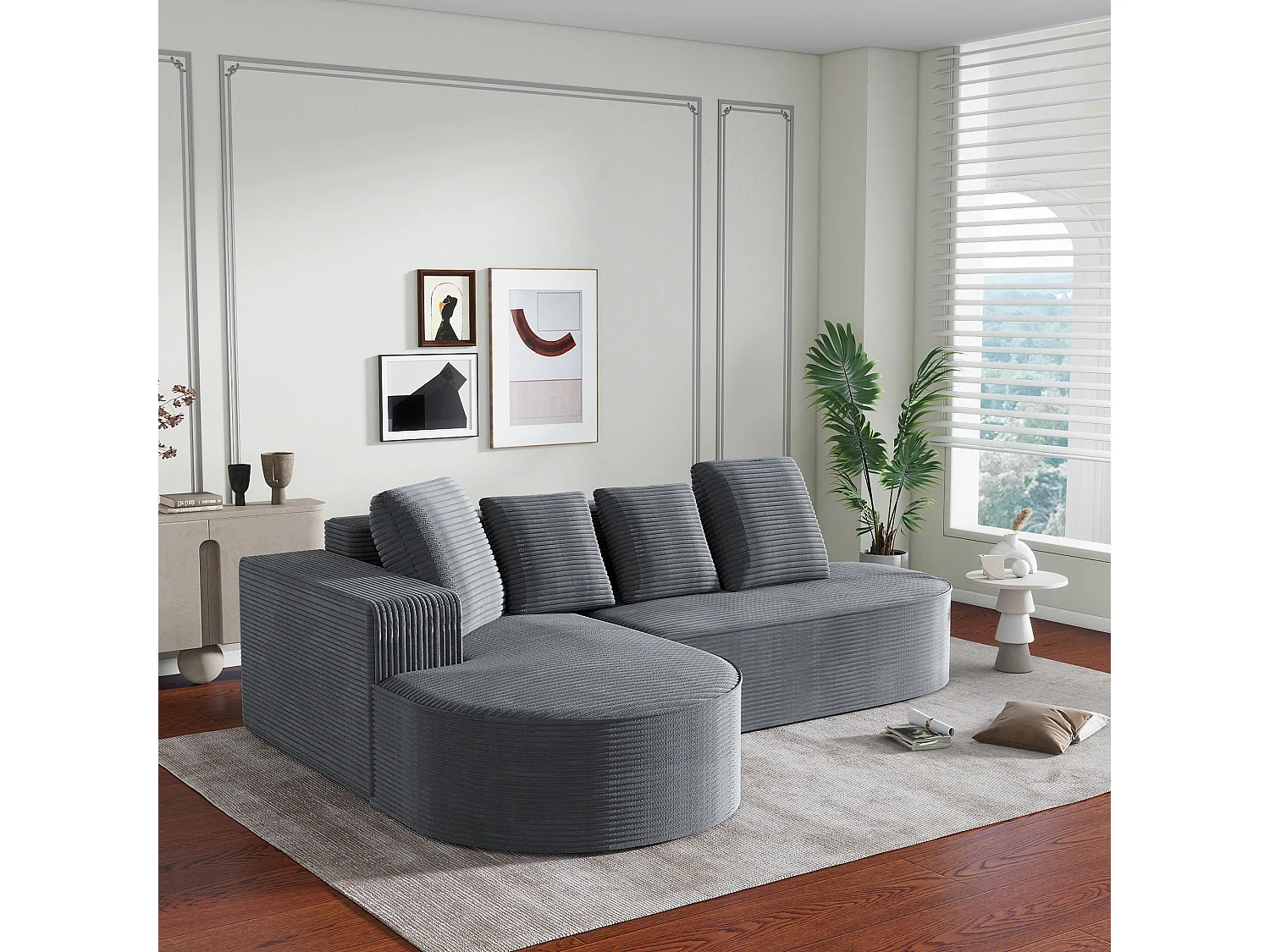 Divano angolare destro - Divano con 4 cuscini - design semplice a nuvola - velluto a coste grigio