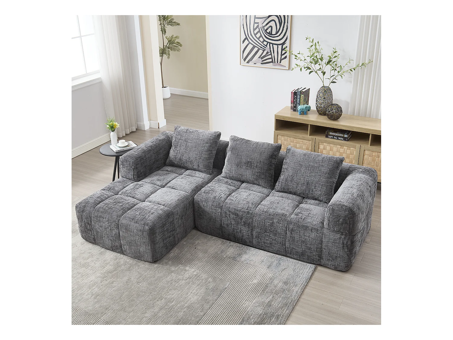 Divano angolare grigio - Divano dritto con tasche portaoggetti e 3 cuscini - con chaise longue e braccioli