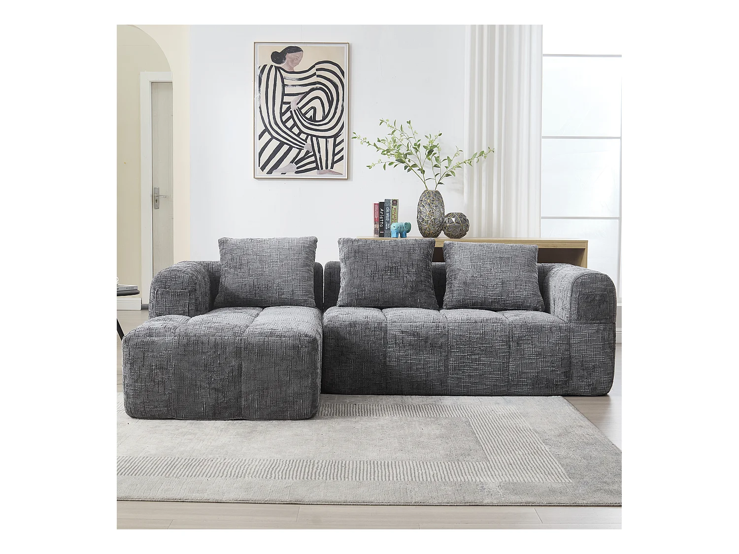 Divano angolare grigio - Divano dritto con tasche portaoggetti e 3 cuscini - con chaise longue e braccioli