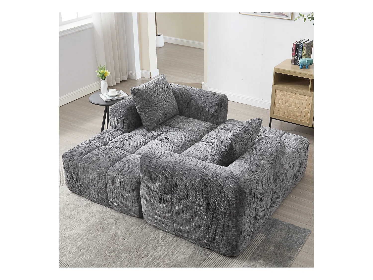 Divano angolare grigio - Divano dritto con tasche portaoggetti e 3 cuscini - con chaise longue e braccioli