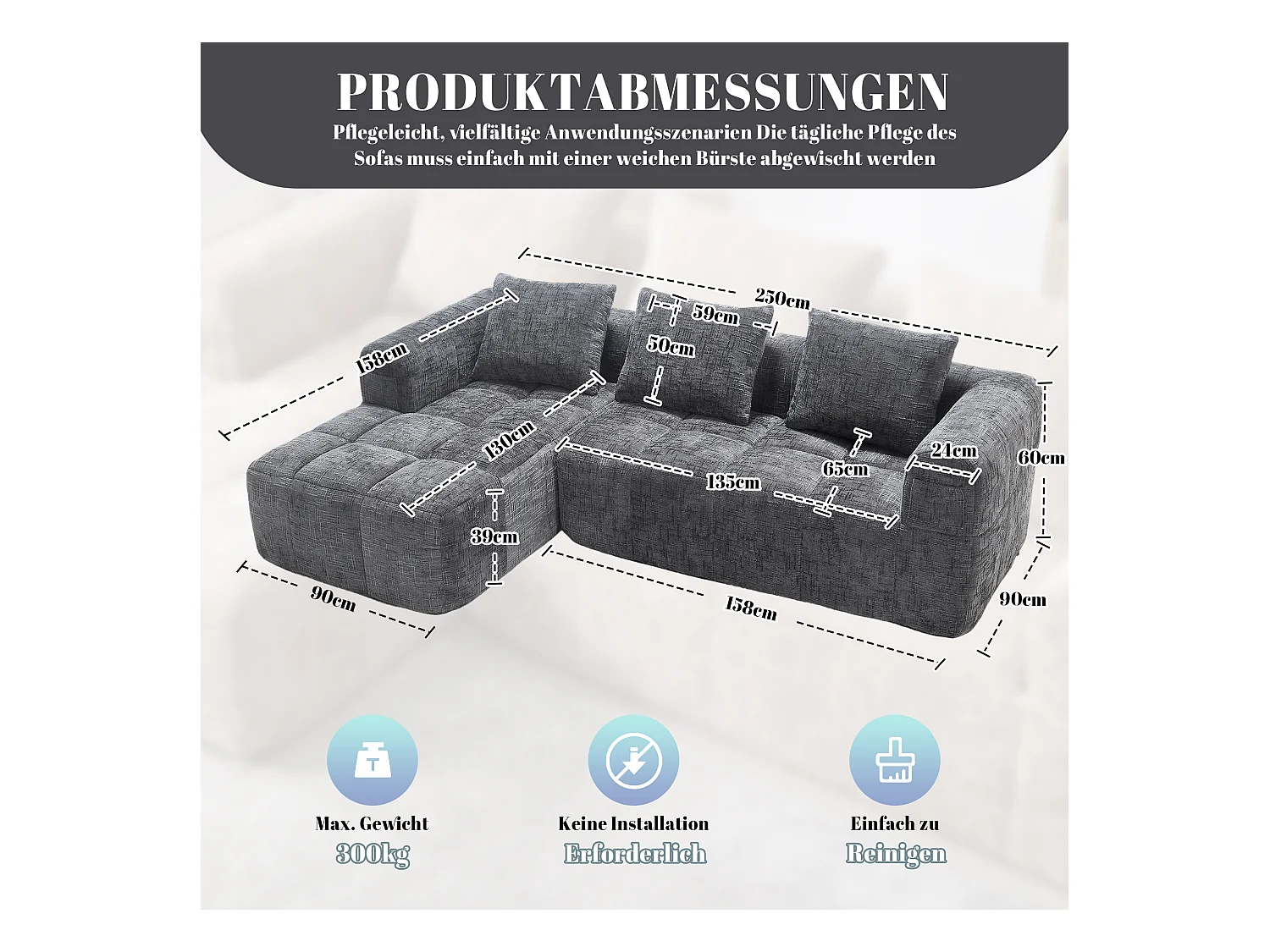 Divano angolare grigio - Divano dritto con tasche portaoggetti e 3 cuscini - con chaise longue e braccioli