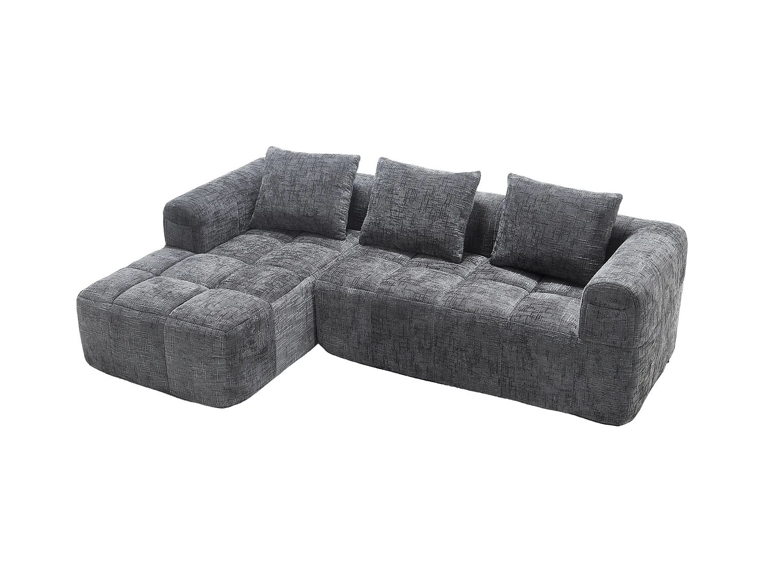 Divano angolare grigio - Divano dritto con tasche portaoggetti e 3 cuscini - con chaise longue e braccioli